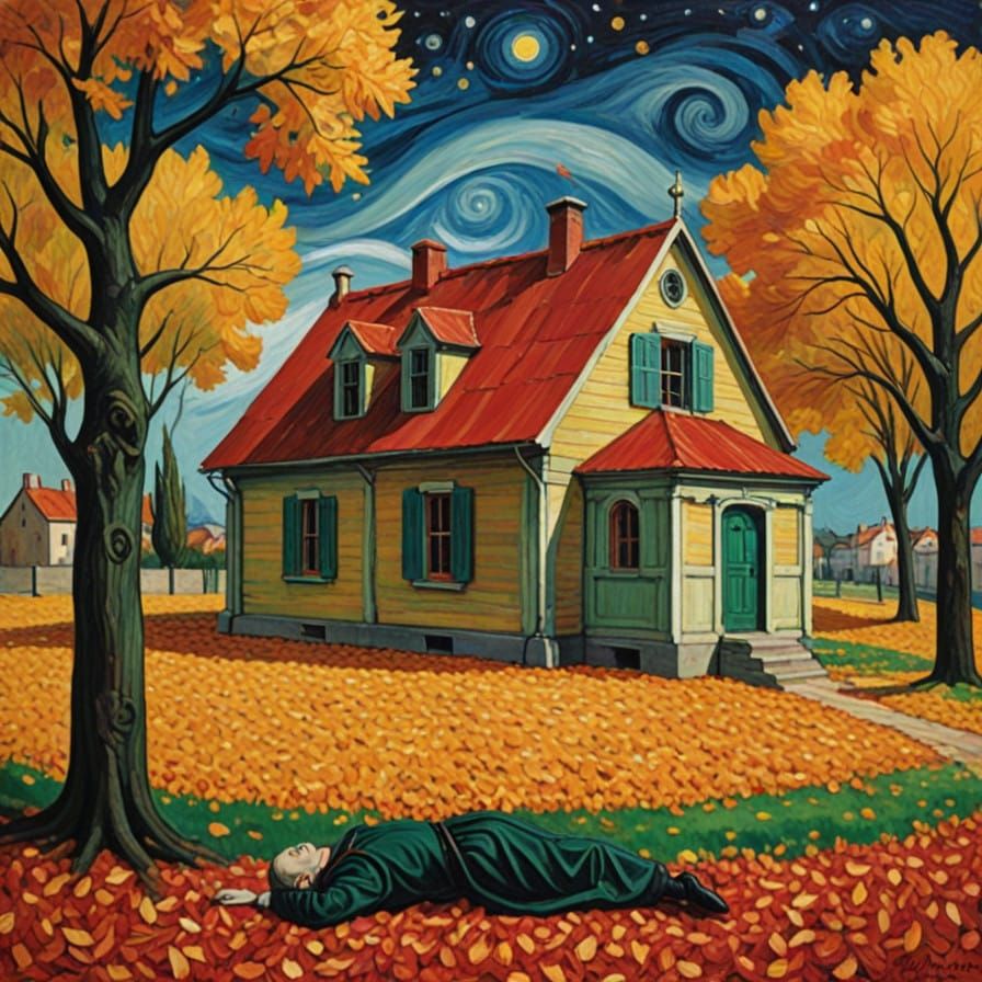 Dreamlike House Amidst Autumn Leaves, in Whimsical Artistic...