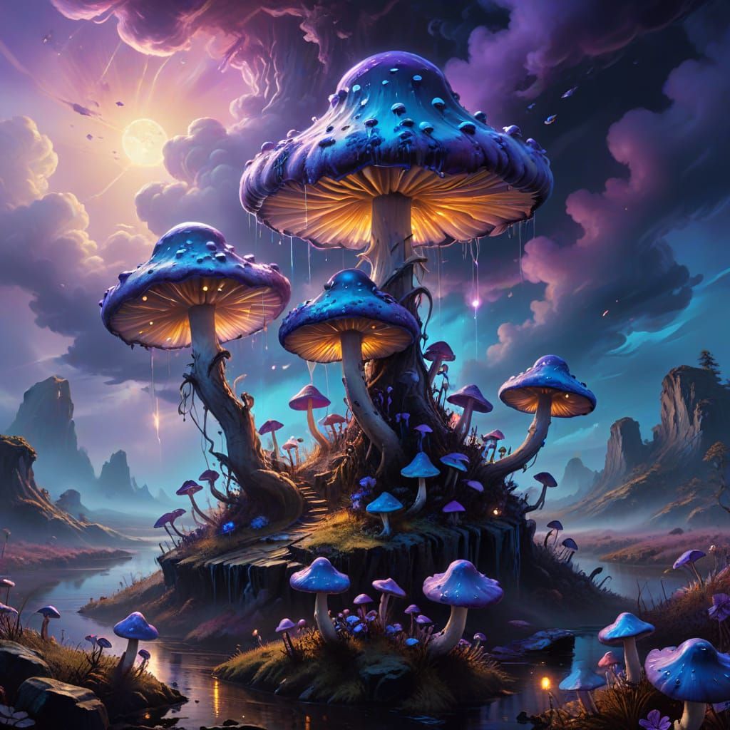 Surreal Fantasy World with Glowing Mushrooms