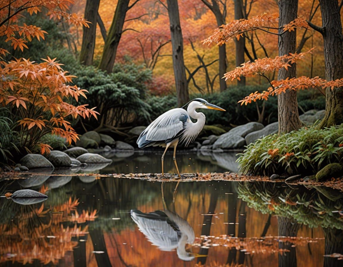 Autumn Heron in Dreamlike Impressionist Landscape