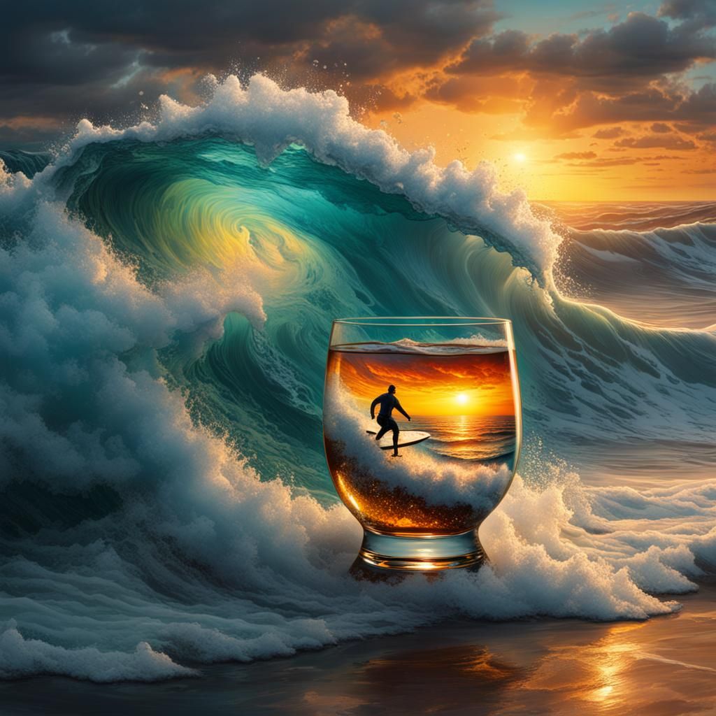 Stormy Sea in Glass at Sunset: Hyperrealistic Splash Art
