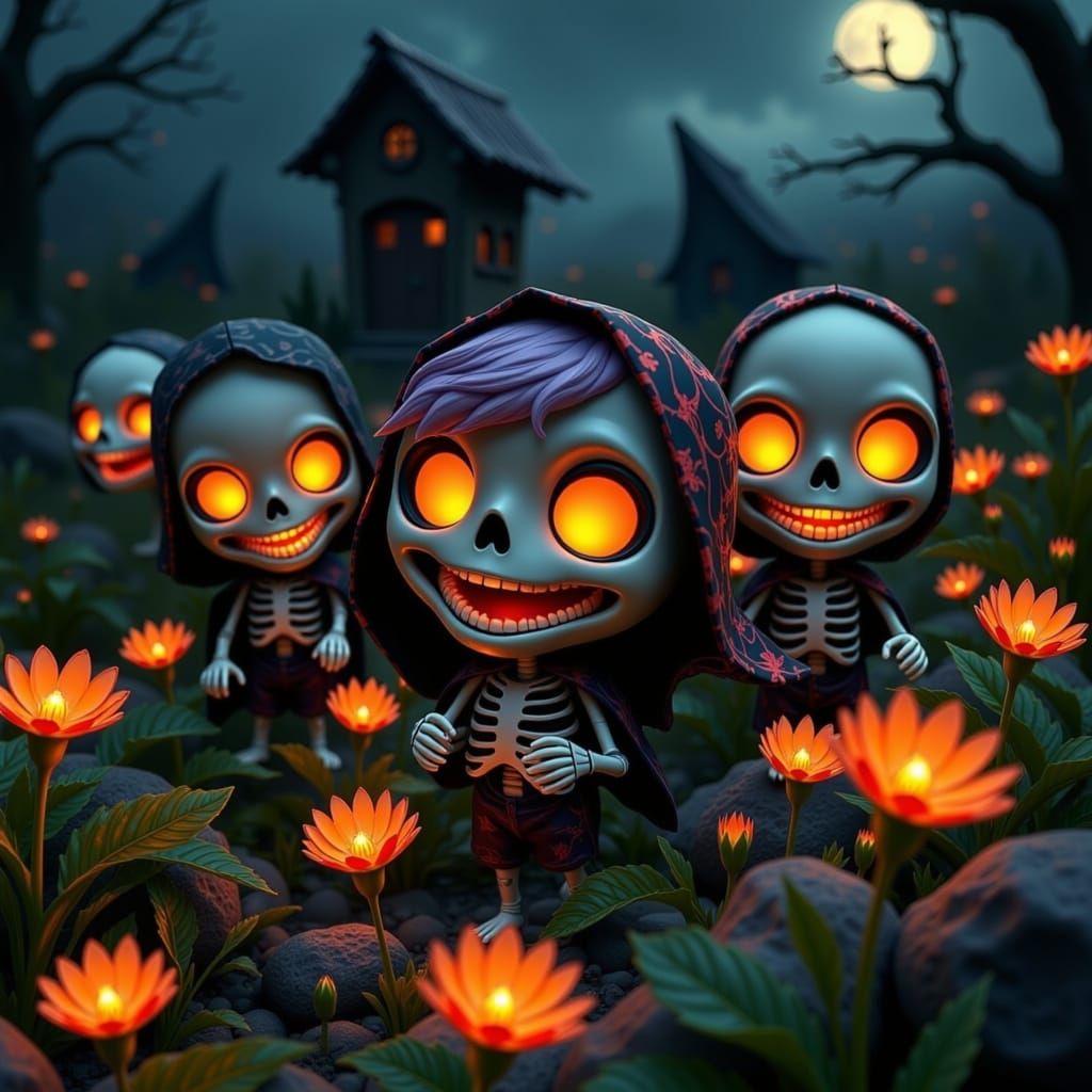Chibi Skeletons Play in Graveyard: 3D CGI Art