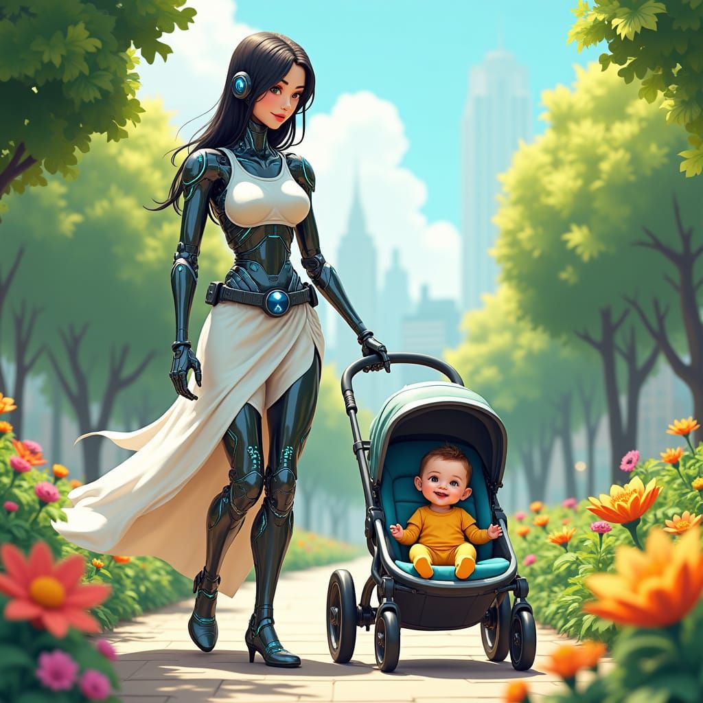 Futuristic Nanny-bot Pushes Stroller Through Vibrant City Pa...