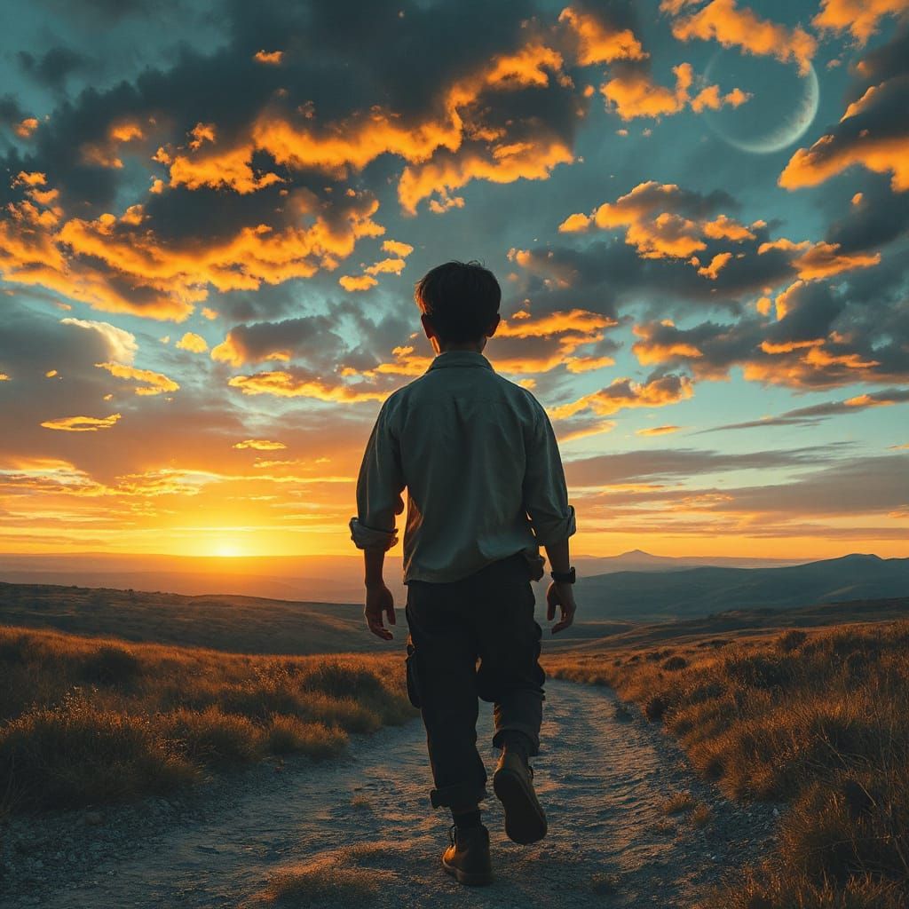 Boy Walks Through Dreamy Landscape in Painterly Style
