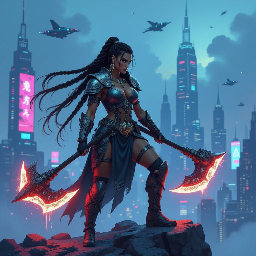 Barbarian Woman Overlooking Cyberpunk City