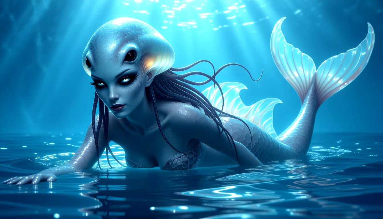 Alien Woman with Starfish Shark Features on Poseidon Planet