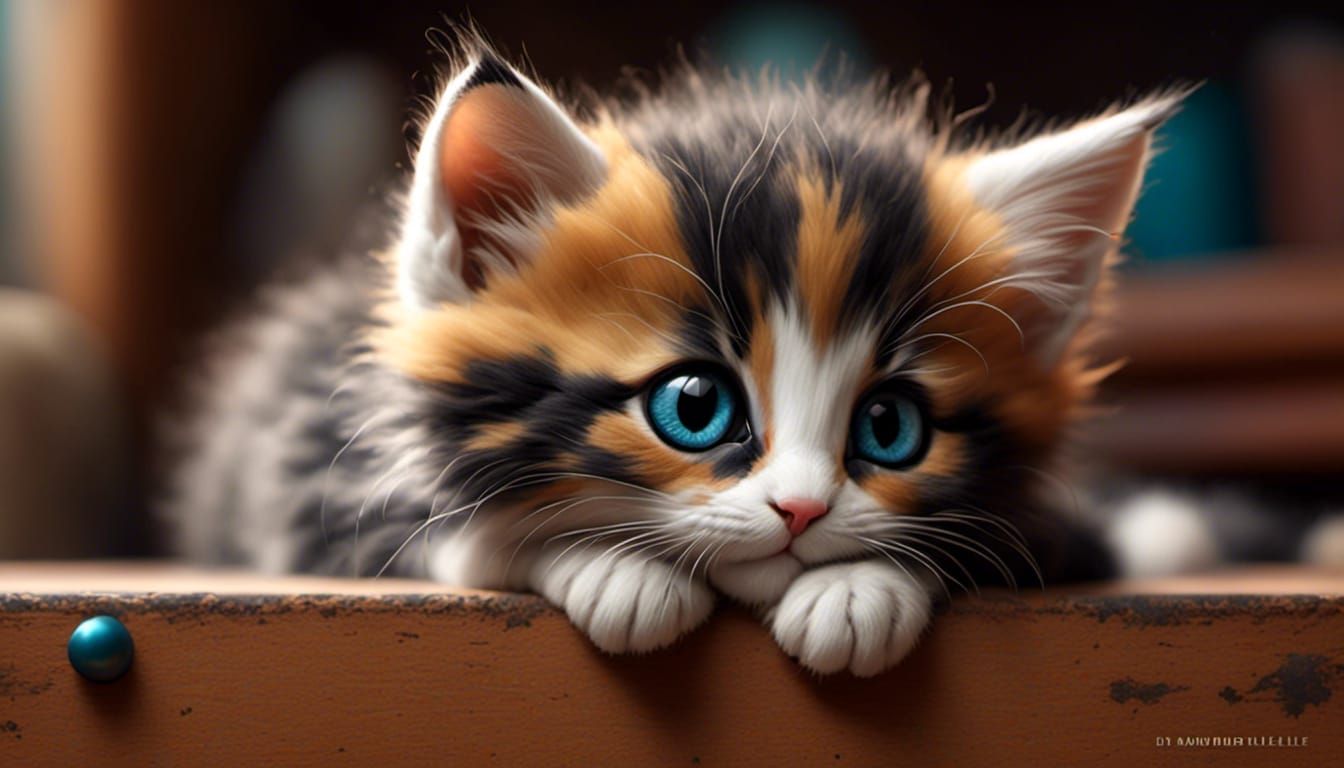 Calico Kitten Hiding, Comic Style with Muted Colors