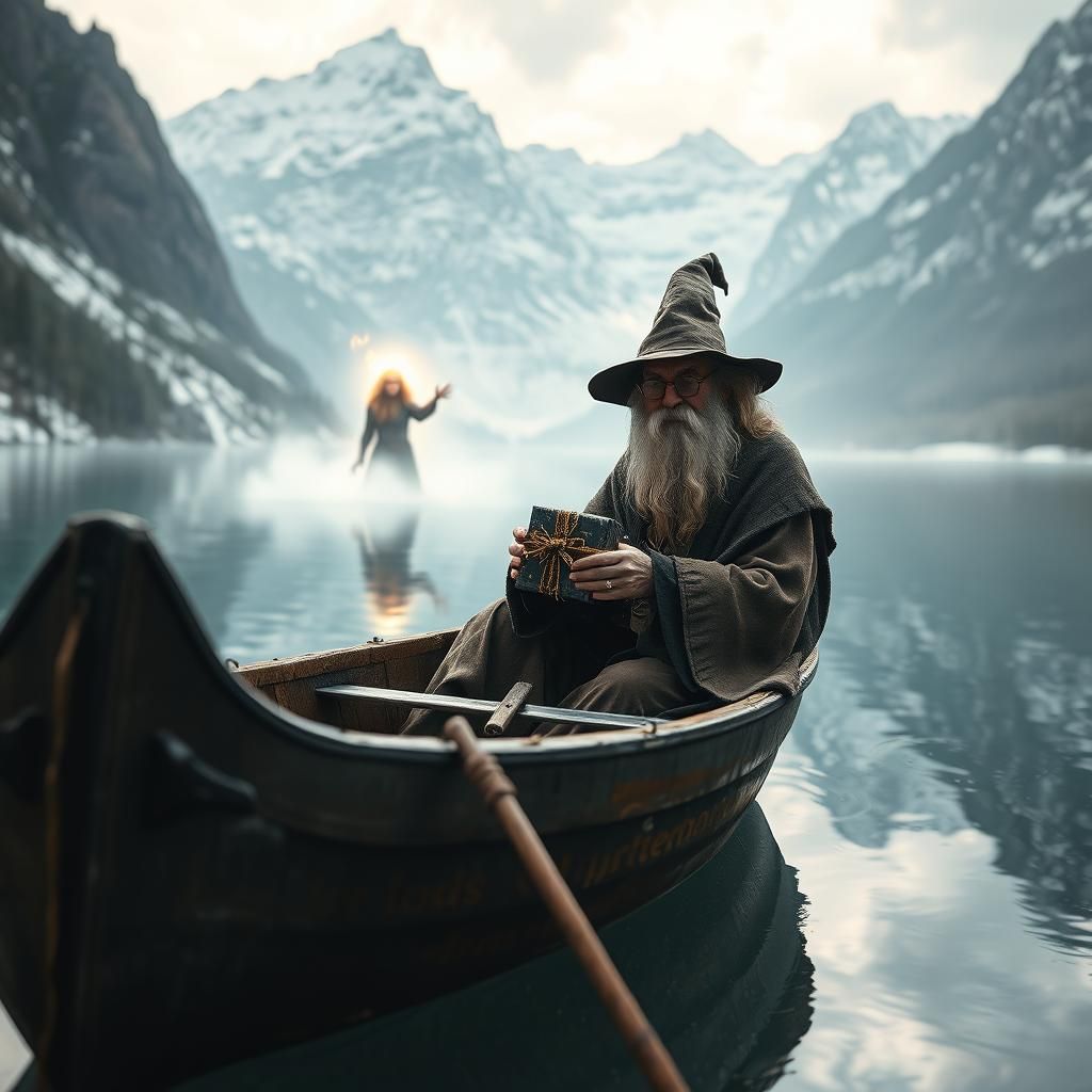Wizard Offers Gift to Creature in Misty River