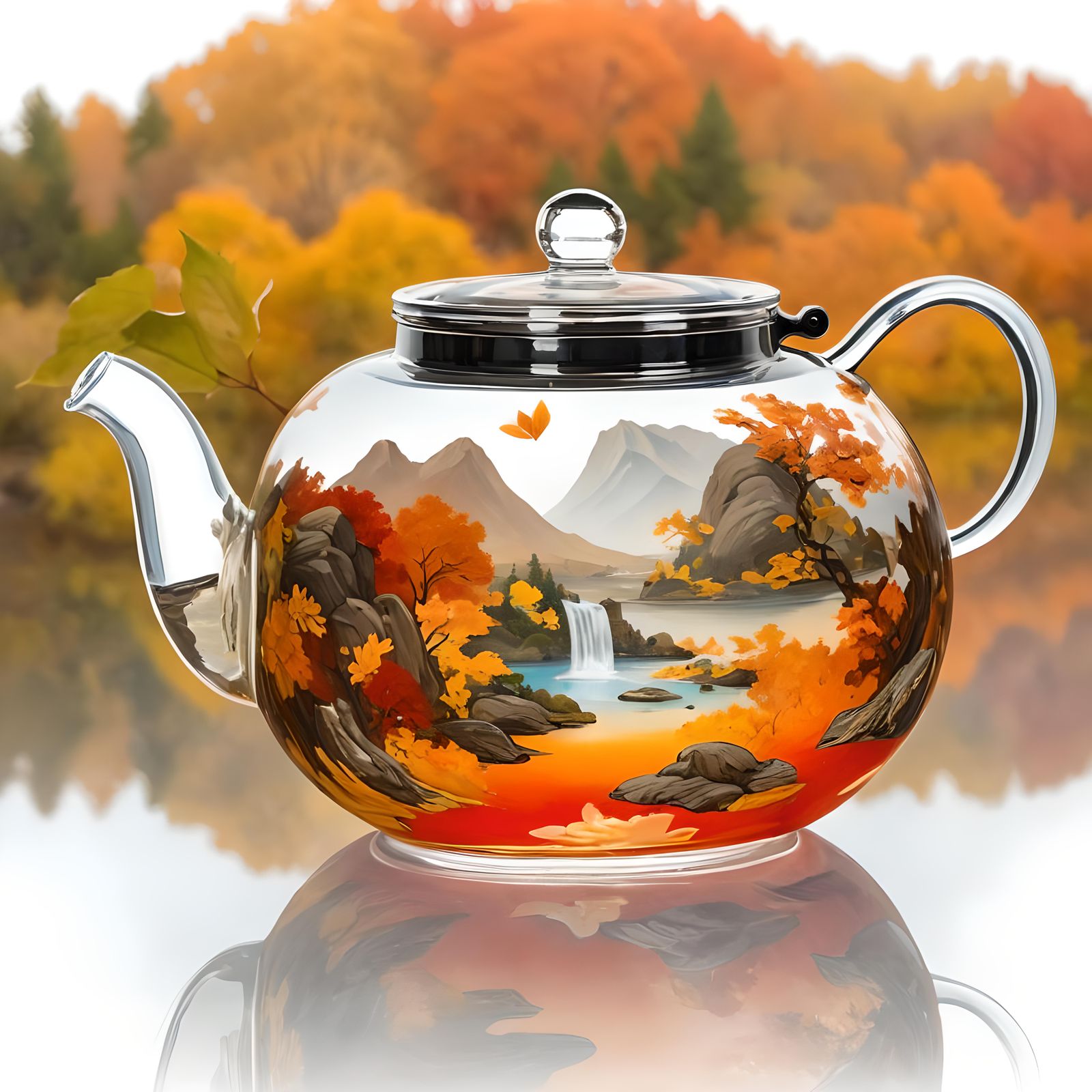 Glass Teapot Reflecting Autumn Landscape