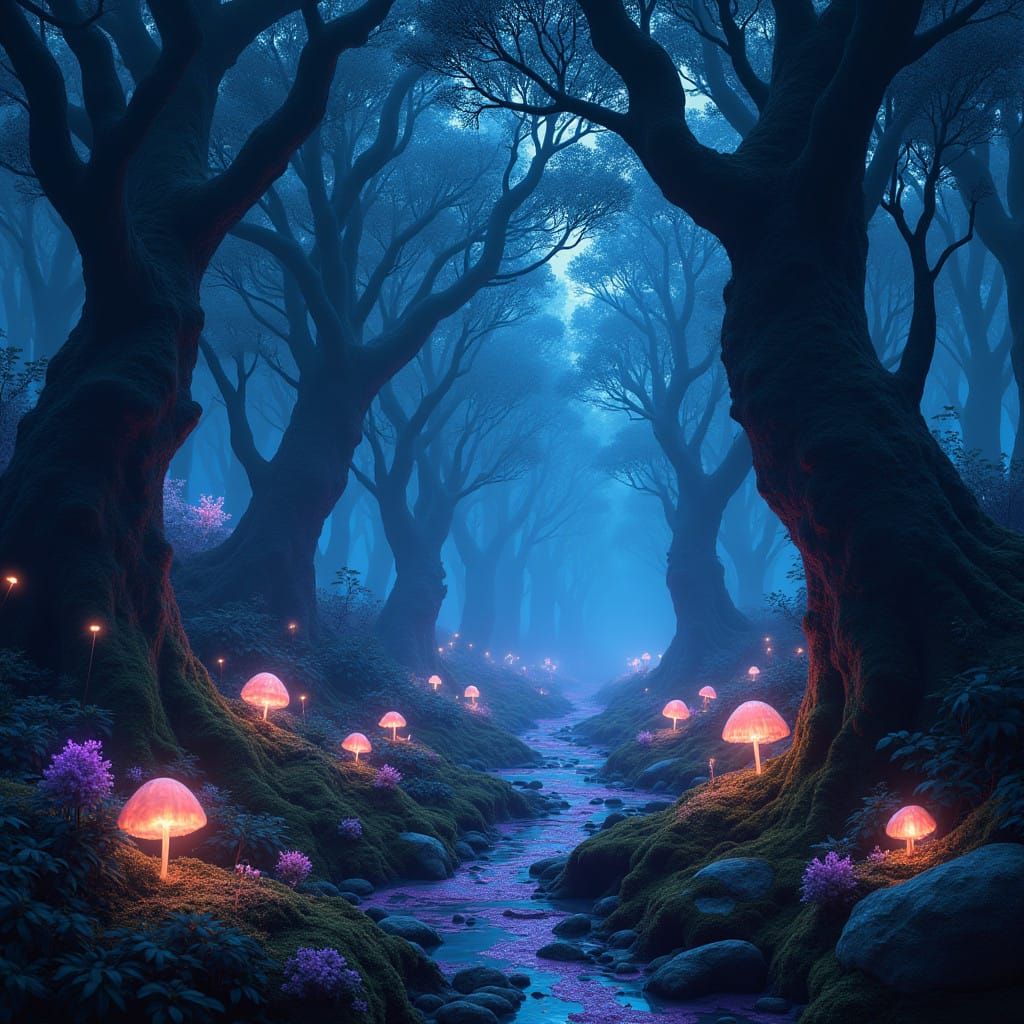 Ethereal Nocturnal Forest: A Kaleidoscope of Bioluminescent....