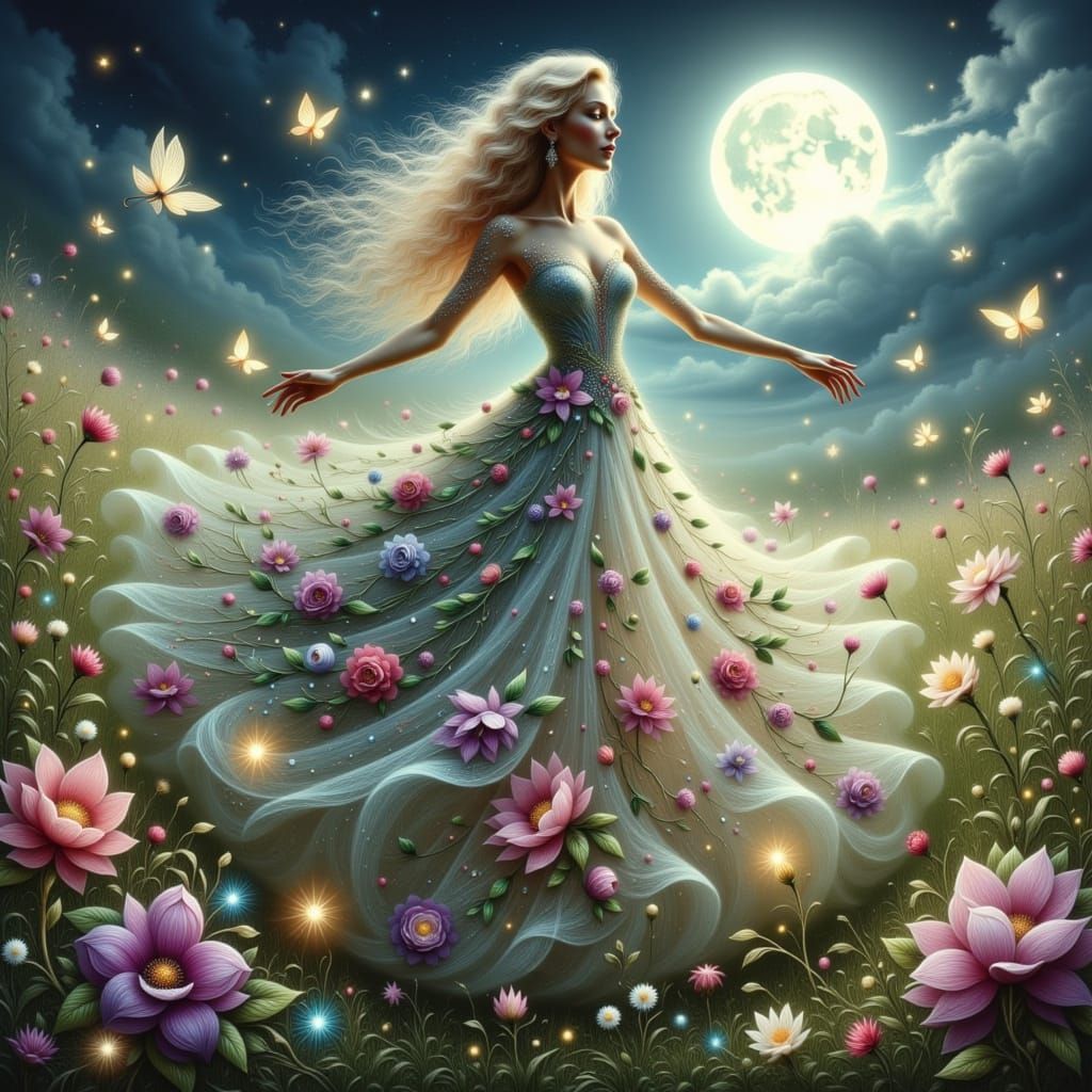 Enchanted Woman Dancing in Moonlit Garden