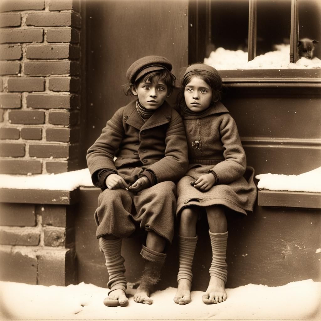 Victorian Street Urchins Begging in Winter: Black and White ...