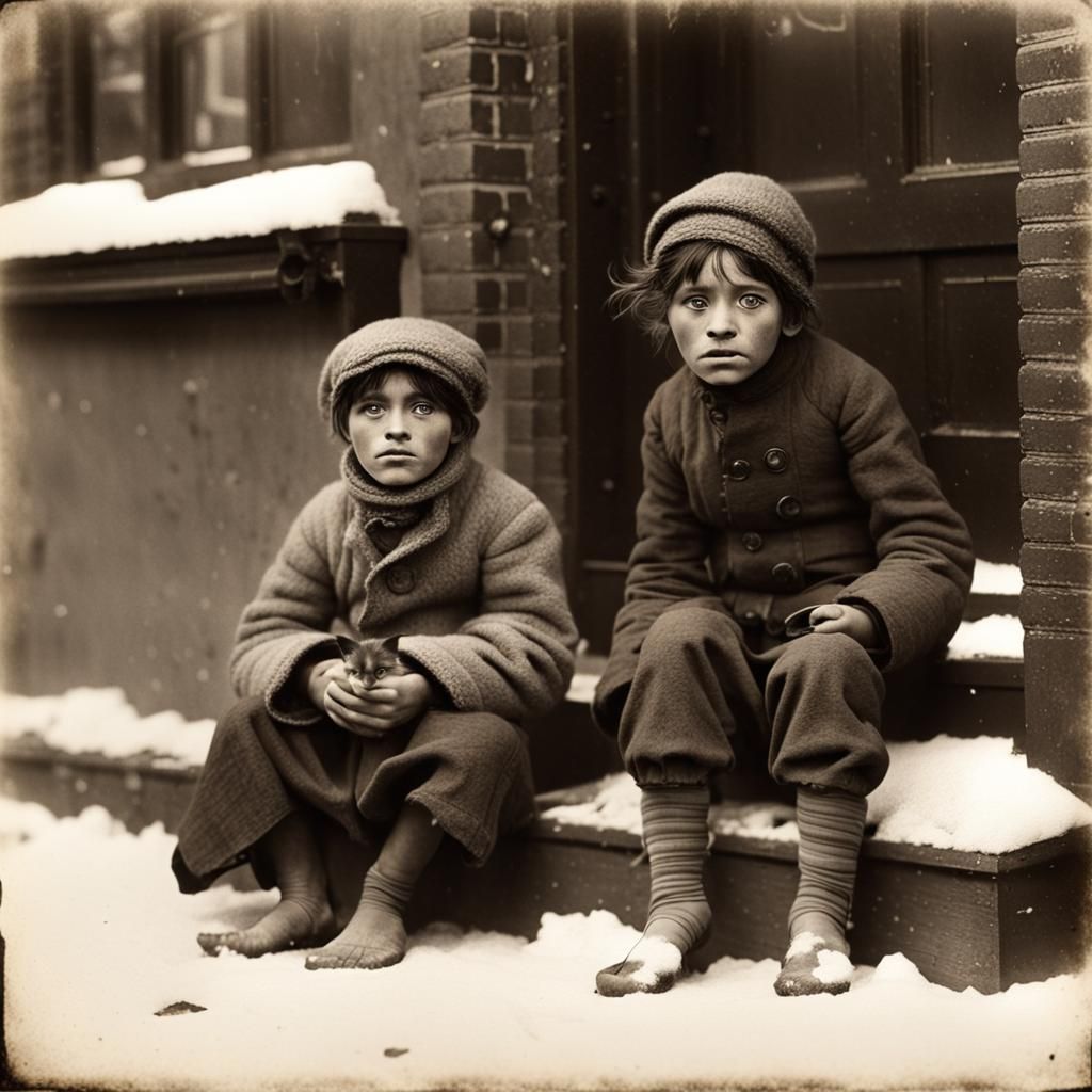 Victorian Street Urchins Begging in Winter Snow
