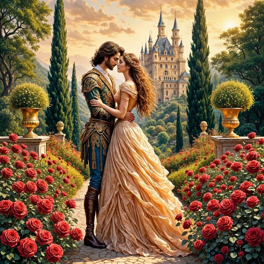 Princess and Prince in Enchanted Garden of Red Roses