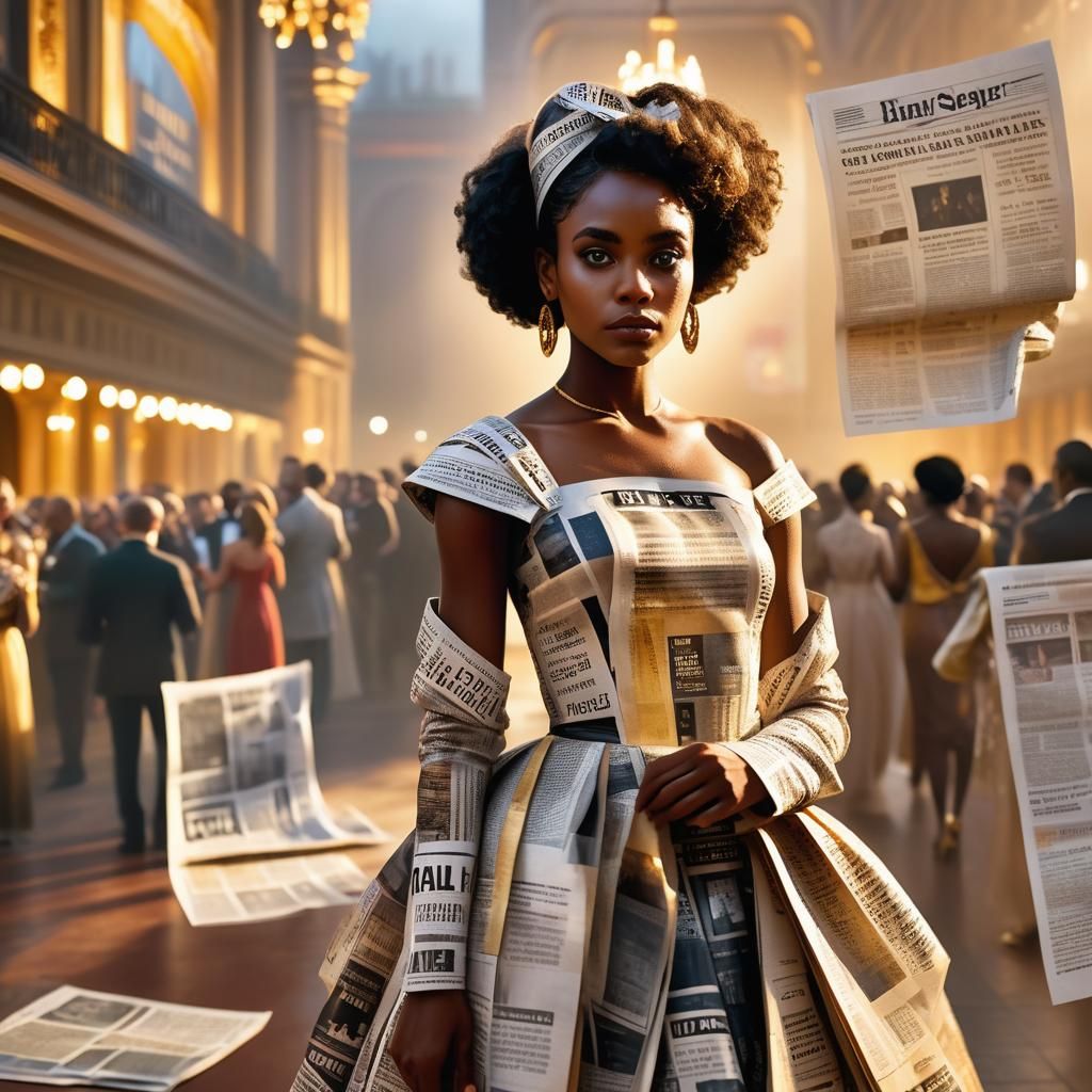 Newspaper Dress at Gala: Hyperrealistic Digital Portrait