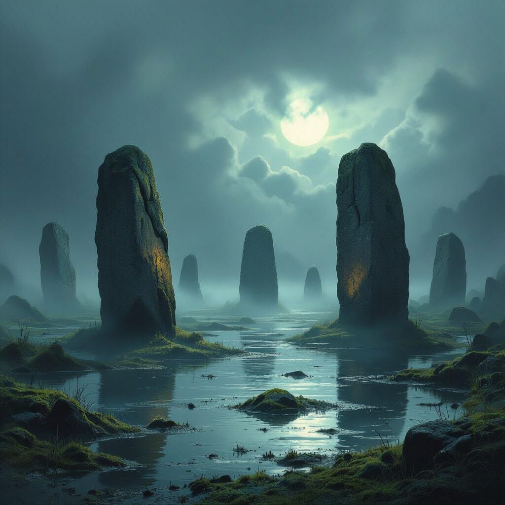 Ancient Stone Circles Emerge from Eerie Twilight Swamp