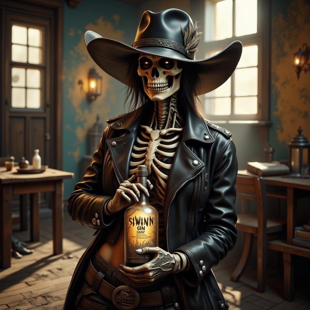 Mysterious Skull Cowgirl in Abandoned Saloon - Photorealisti...