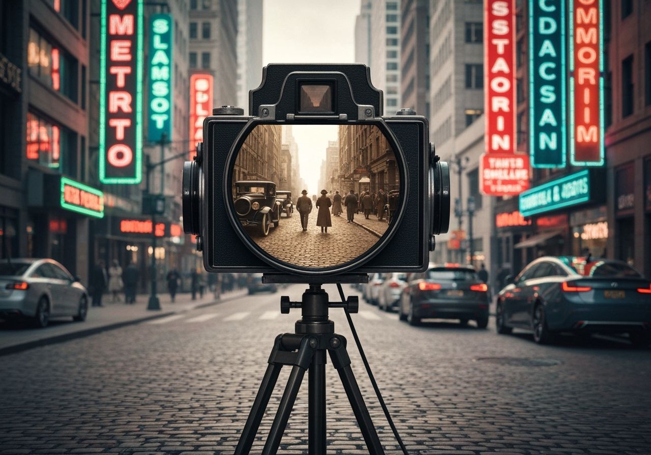 Vintage Camera Captures 1920s Scene in Modern City