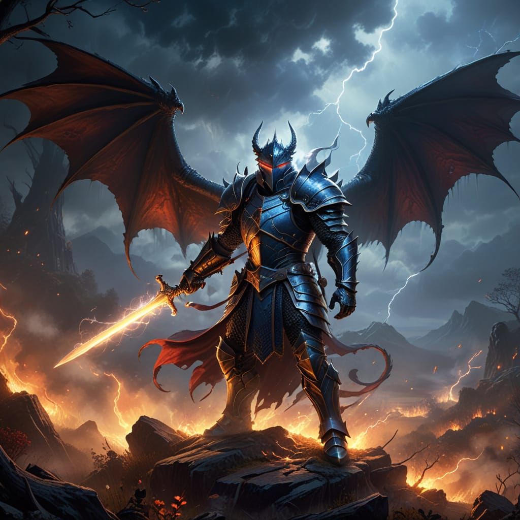 Ethereal Fantasy Warrior Battles Fiery Dragon in Golden Ligh...