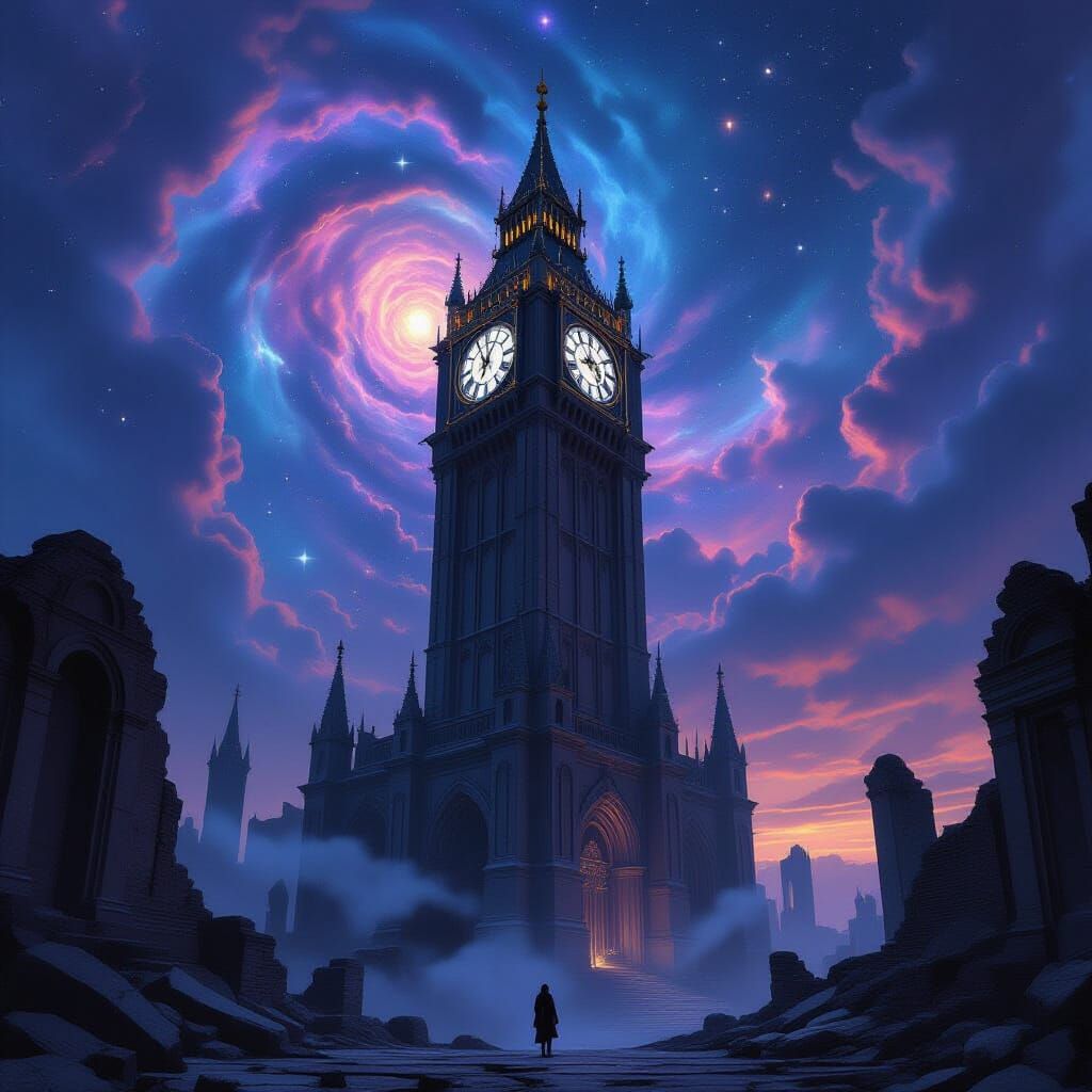 Ancient Clock Tower Ruins Under Cosmic Nebula