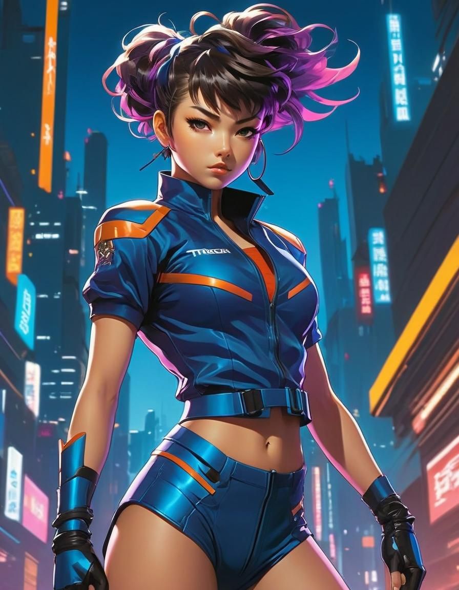 Energetic Anime Heroine Shines in Neon-Lit City