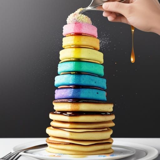 Rainbow Pancake Tower with Cascading Maple Syrup
