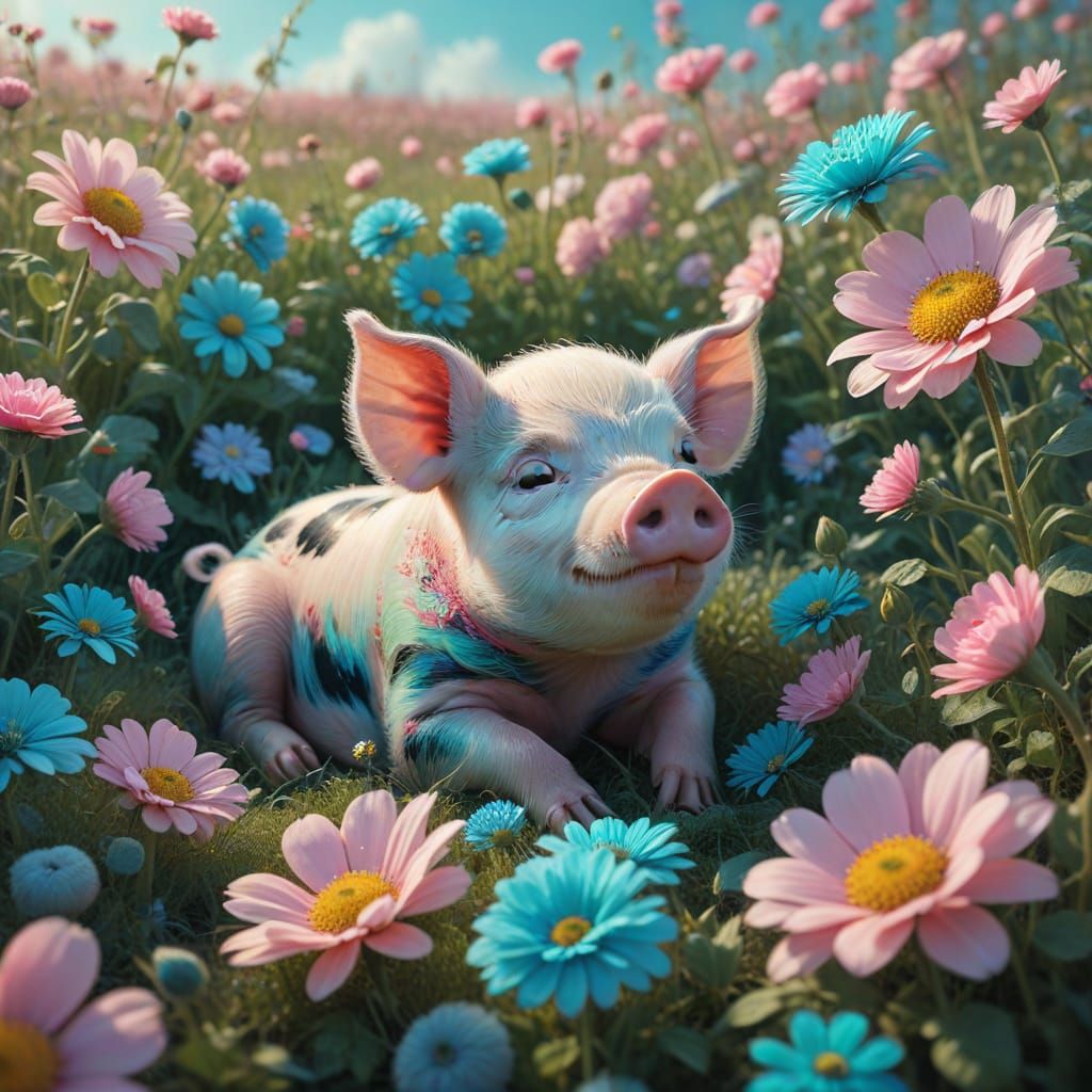 Dreamy Baby Pig Sleeping in Flowers: 3D Whimsical Art