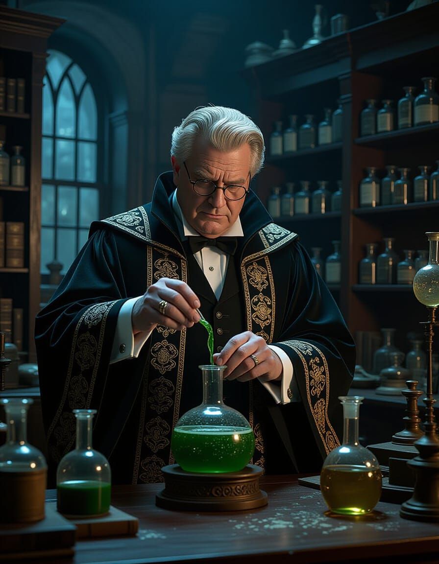 Professor Slughorn Concocts Potion in Photorealistic Lab
