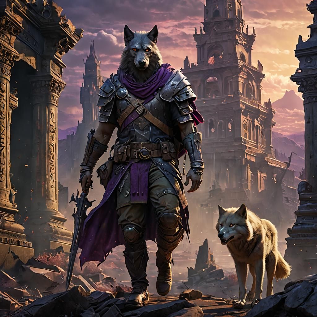 Warrior and Wolf in Post-Apocalyptic City