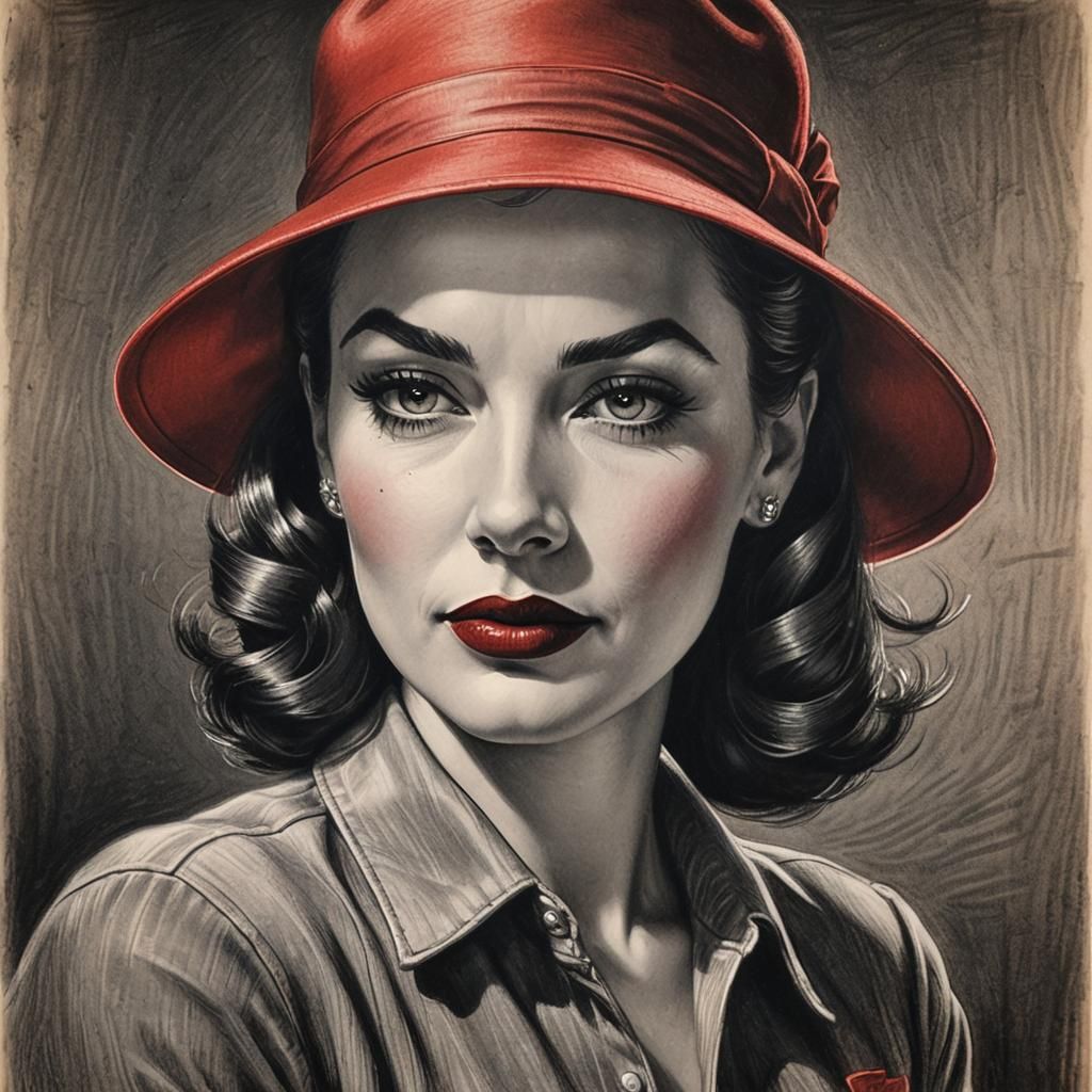 Pinup Girl in Red Hat: Charcoal Portrait