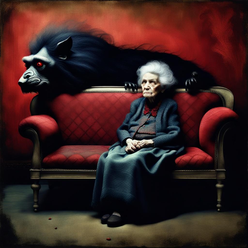 Eerie Photograph of an Old Woman with Black Beast