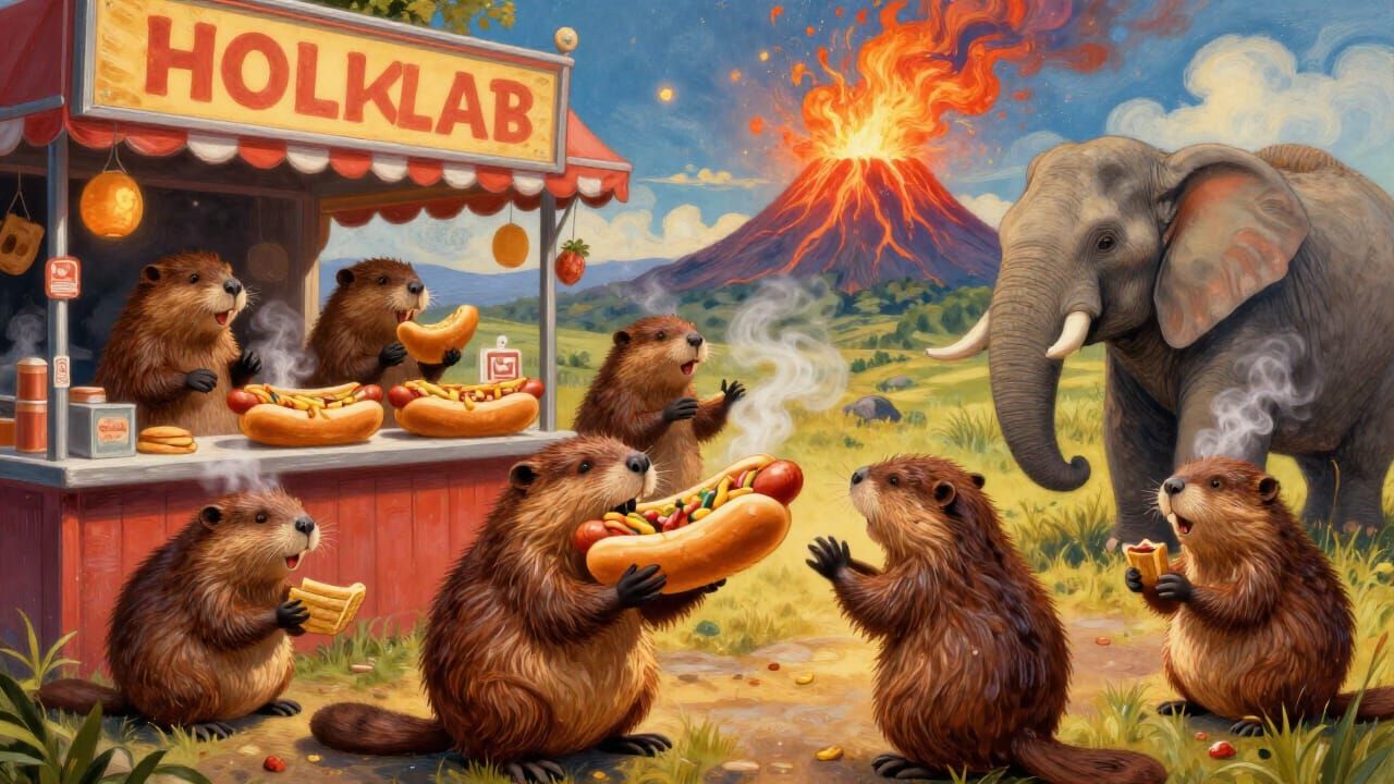 Surreal Hotdog Stand with Animals and Volcano
