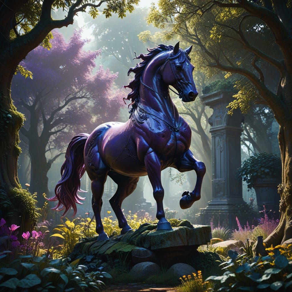 Majestic Stone Horse Sculpture in Overgrown Victorian Garden