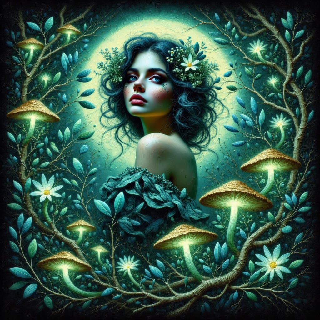 Ethereal Maiden in Bioluminescent Grotto, Art Nouveau Style