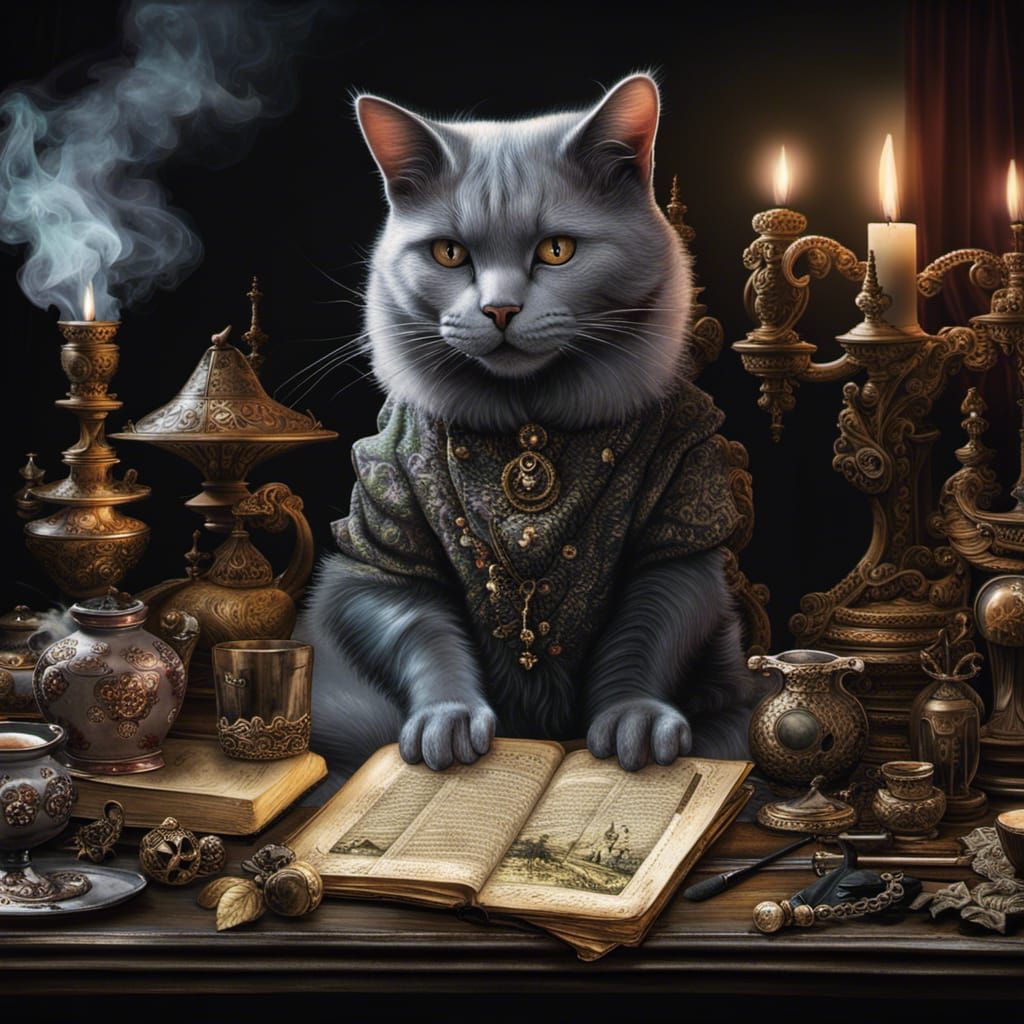 Victorian Fantasy: Grey Cat Amidst Smoke Magic