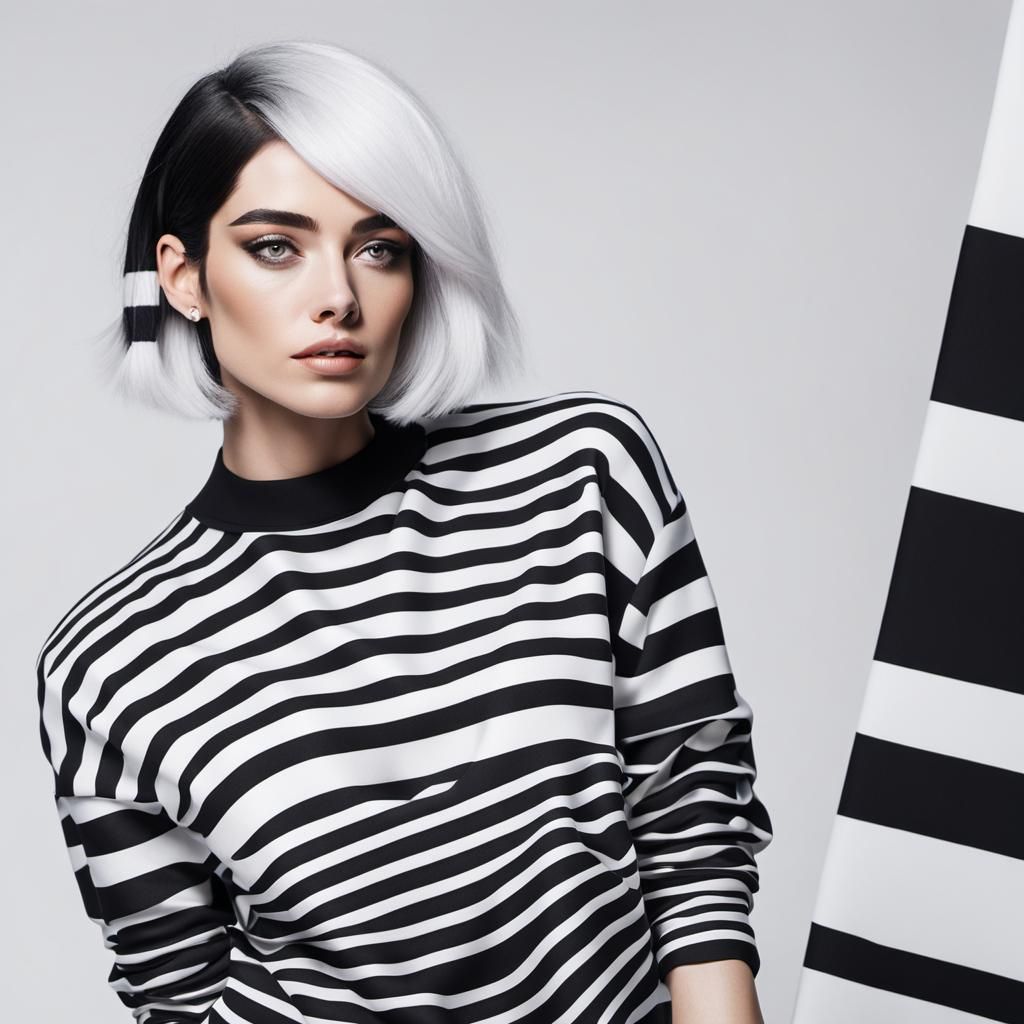 Monochrome Woman in Striped Outfit
