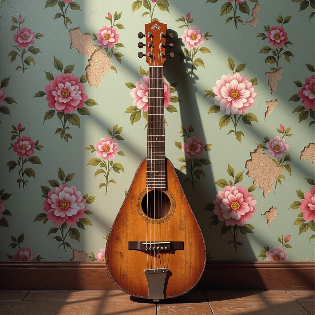 Rustic Dulcimer Against Floral Wallpaper, Hyper-Realistic