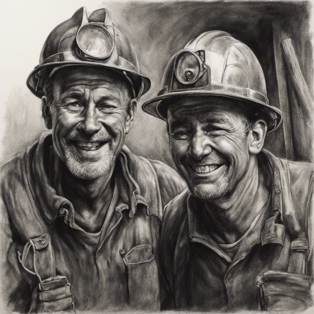 Smiling Coal Miners: Hyperrealistic Charcoal Drawing