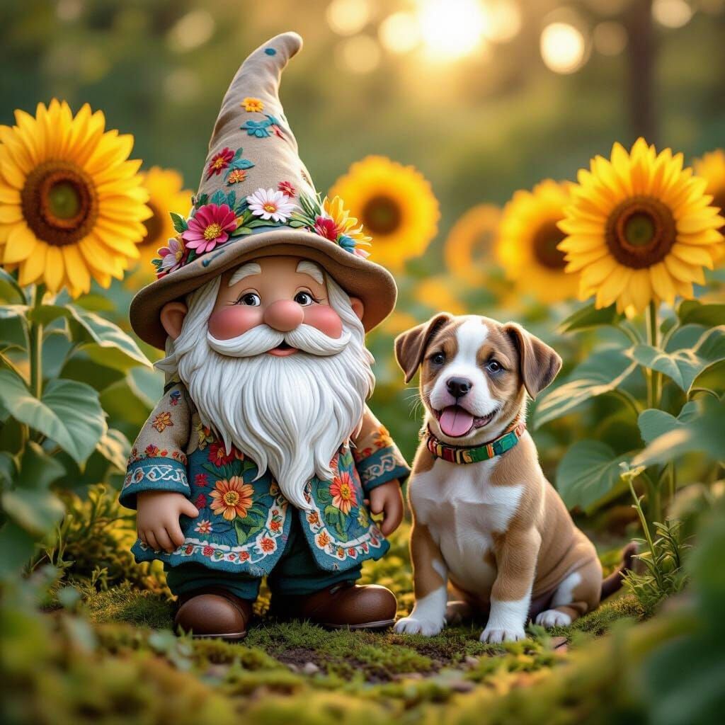 Gnome and Puppy in Sunflower Garden at Sunrise