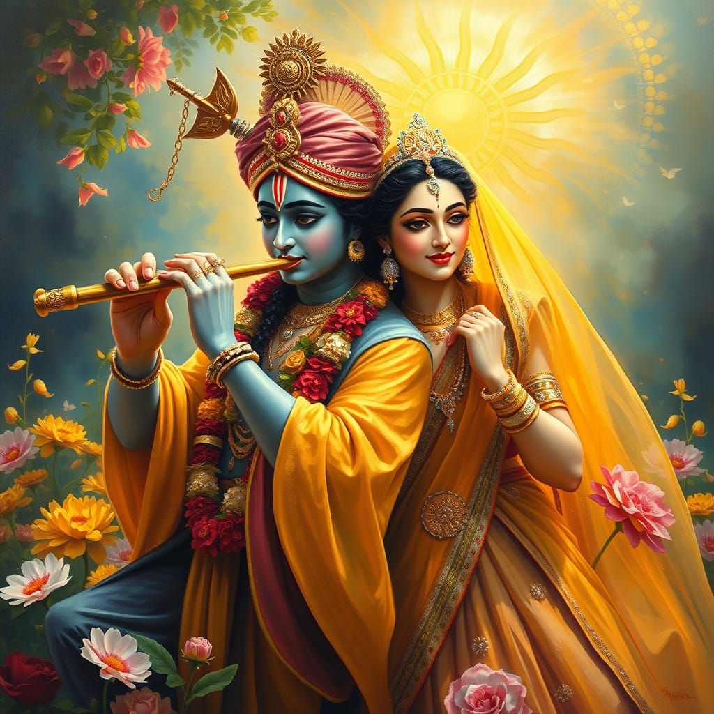 Lord Krishna Plays the Flute in a Vibrant Garden