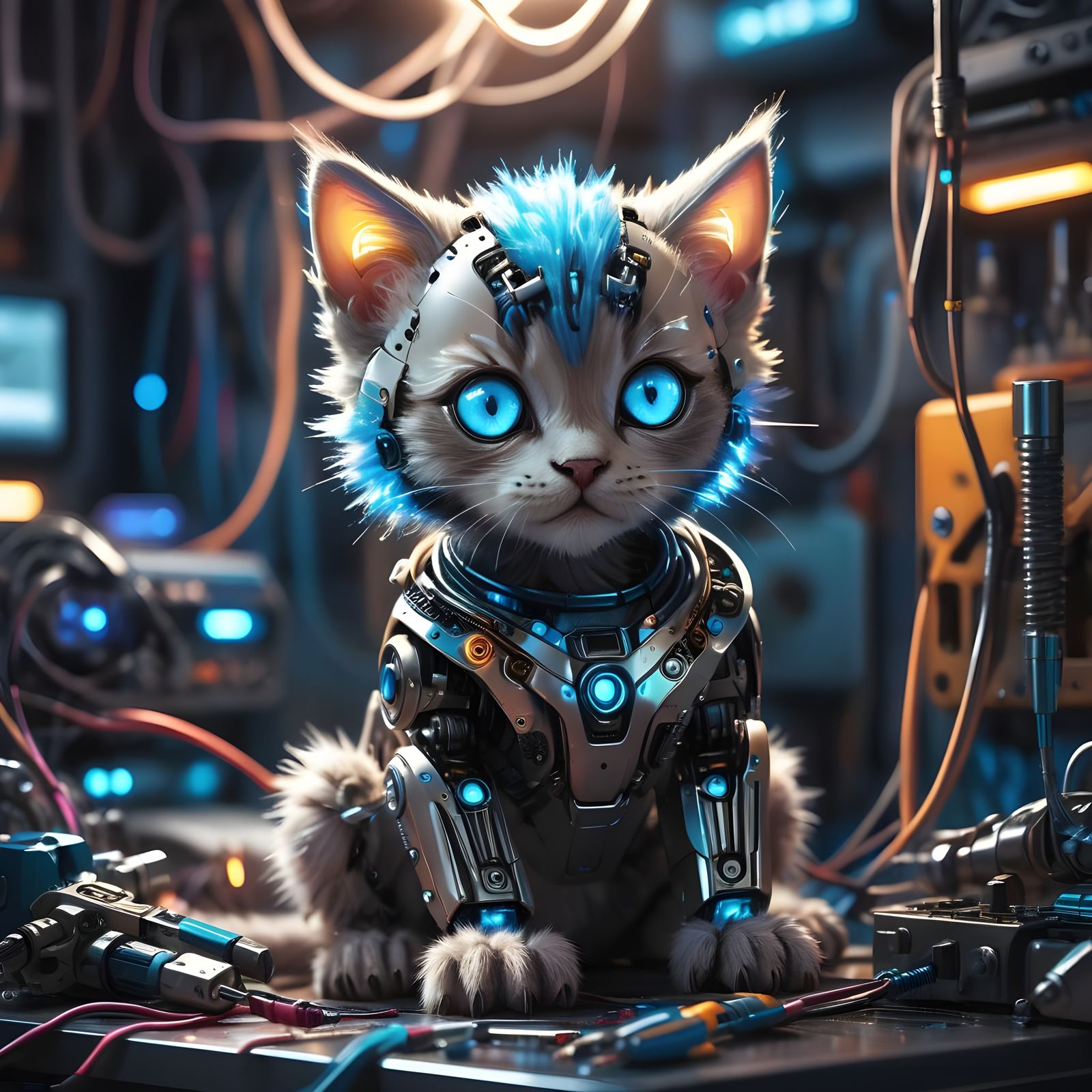 Adorable Robot Kitten: Detailed Close-Up Photograph