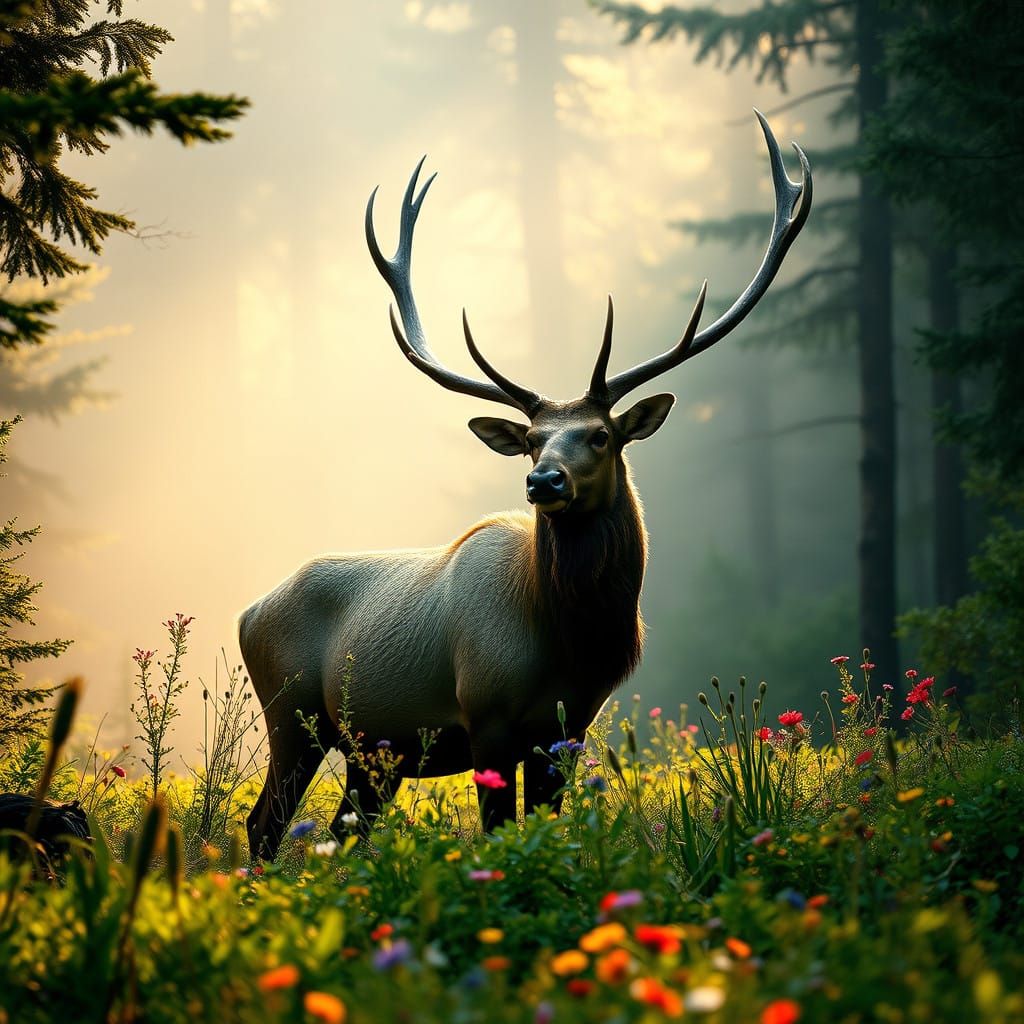 Majestic Elk in a Misty Forest