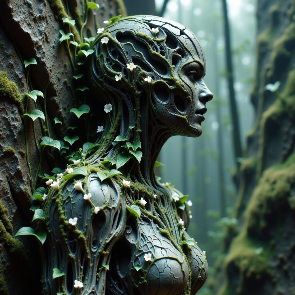 Mystical Granite Siren in Ancient Forest