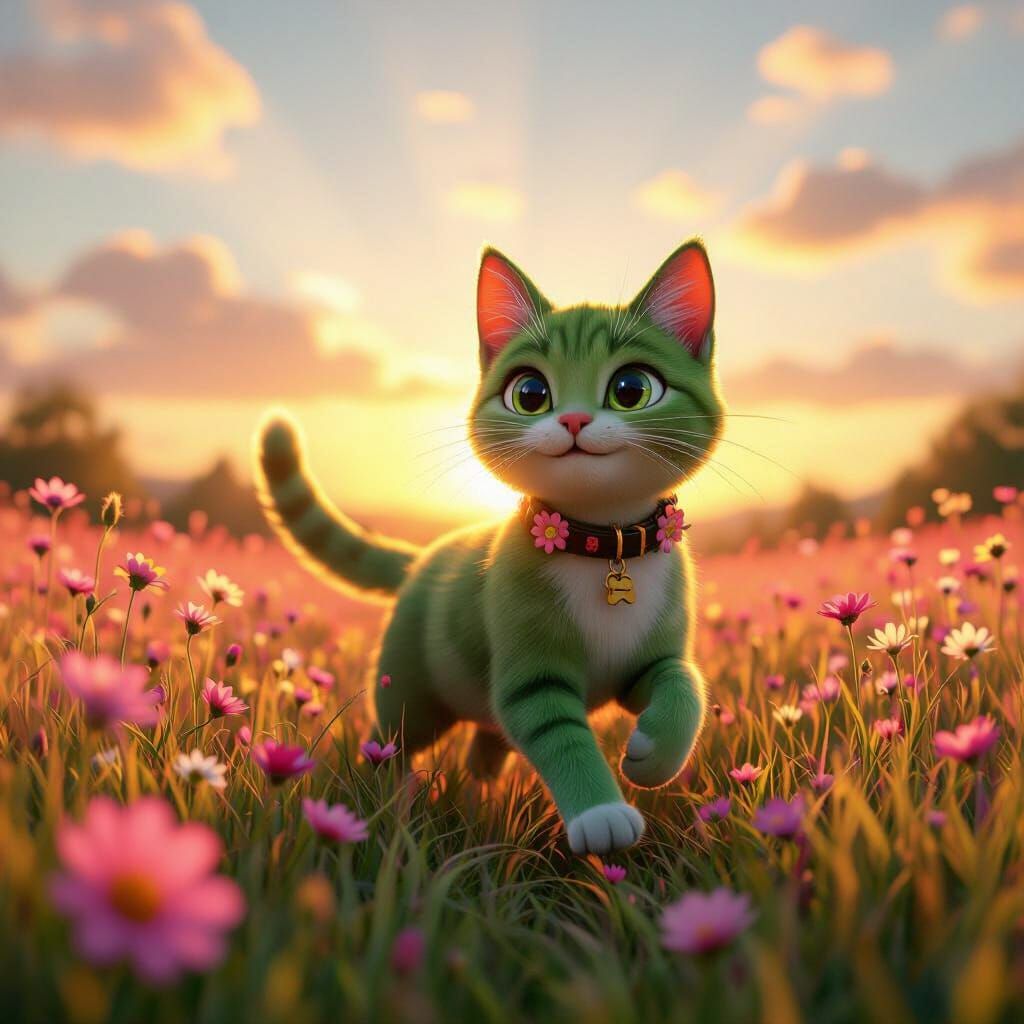 Green Cat in Pink Meadow: 3D Digital Art