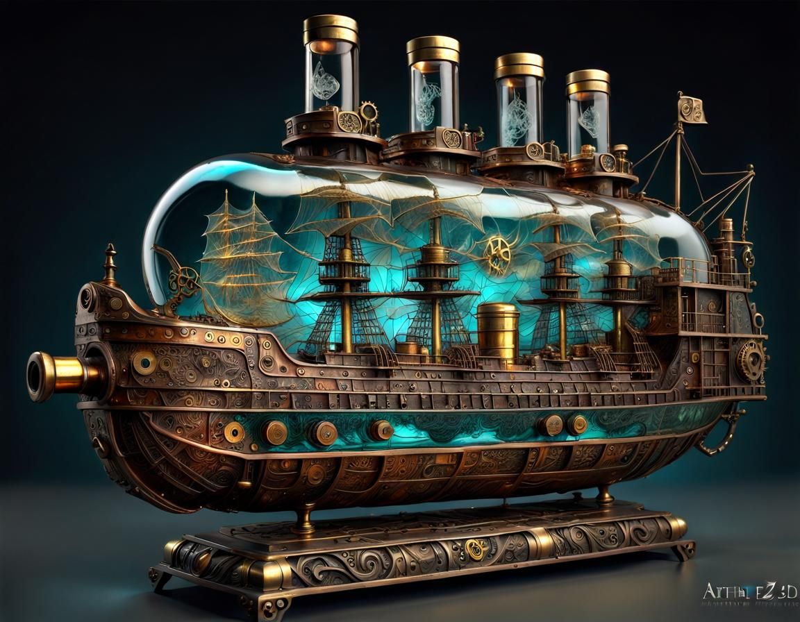 Bazaar Steampunk ship in an antique bottle with visible internals...