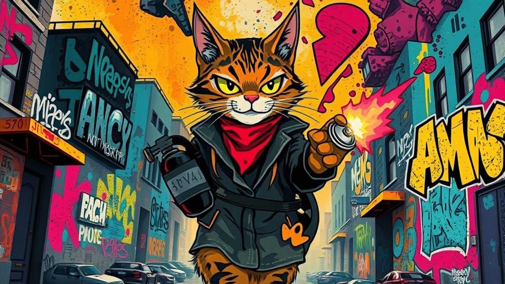 Cartoon Cat Graffiti Art with Molotov Cocktail