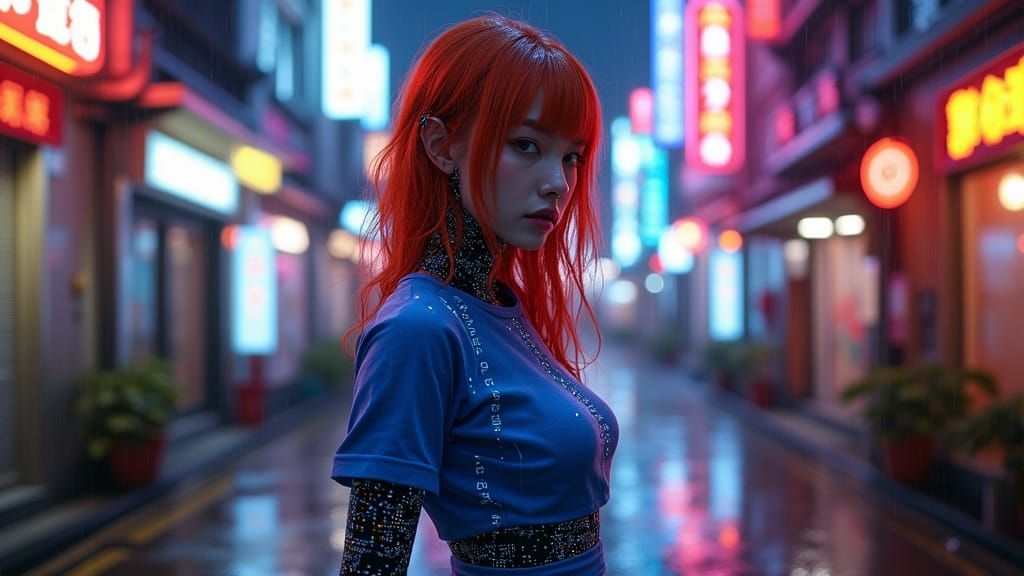 Cyberpunk Ginger Woman in Futuristic Tokyo