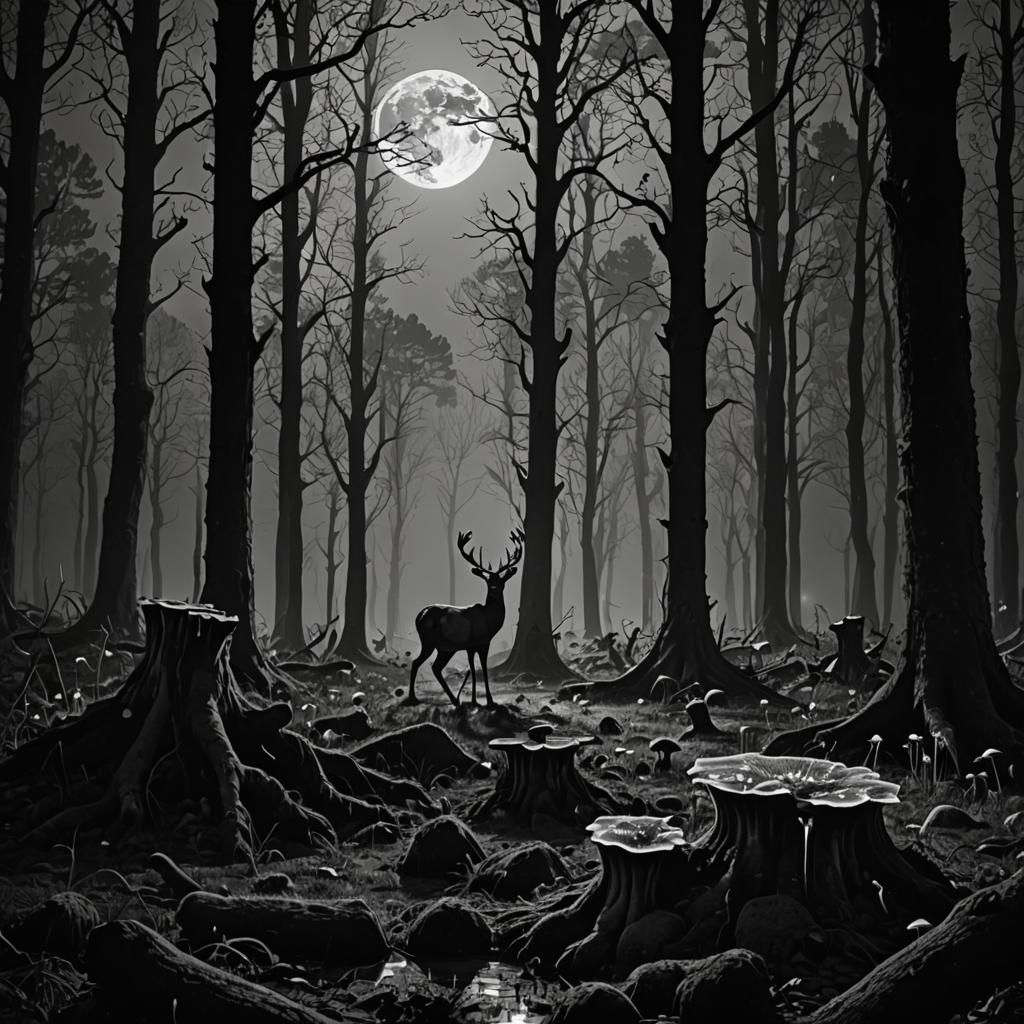 Mystical Black and White Forest with Glowing Mushrooms