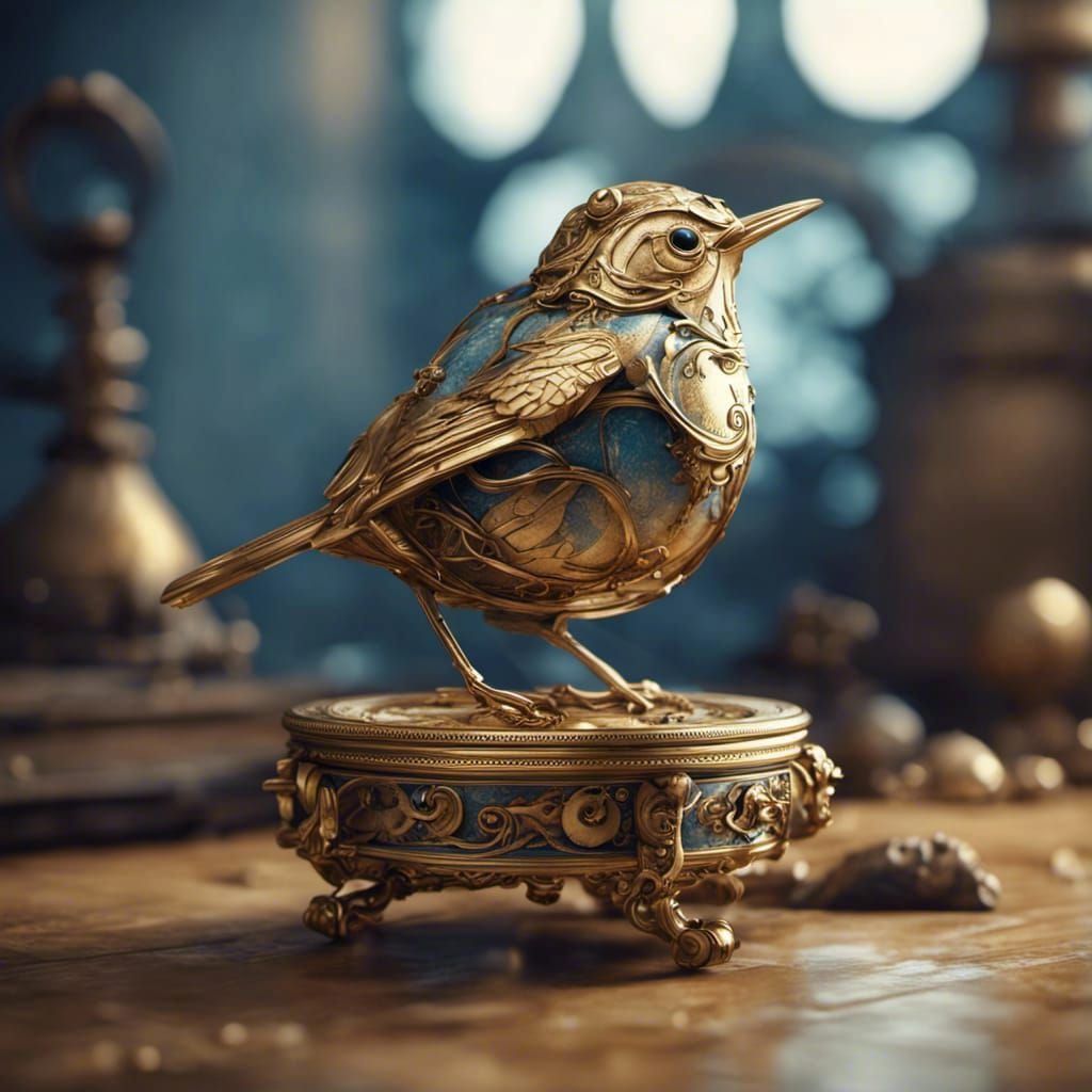 Steampunk Faberge Wren on Antique Table