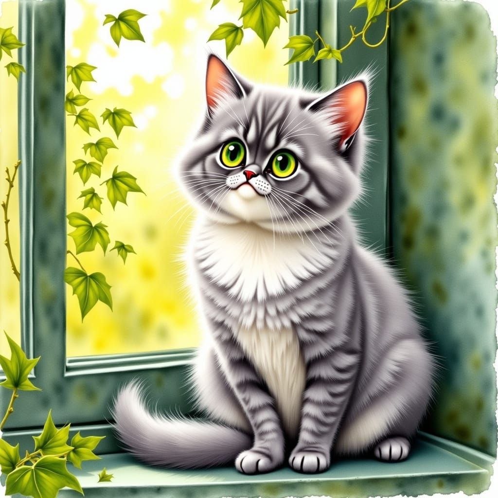 Whimsical Cat Portrait in Expressive Watercolor Style