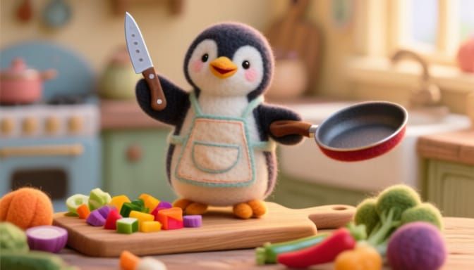 Cute Felt Penguin Chef in Cozy Kitchen
